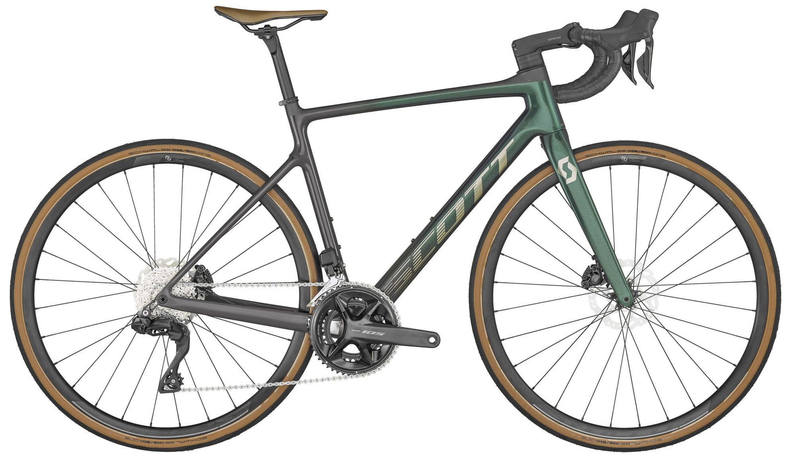 A SCOTT Addict 20 blue road bike with a carbon frame and disc brakes, featuring Shimano 105 Di2 components and Schwalbe ONE tires.