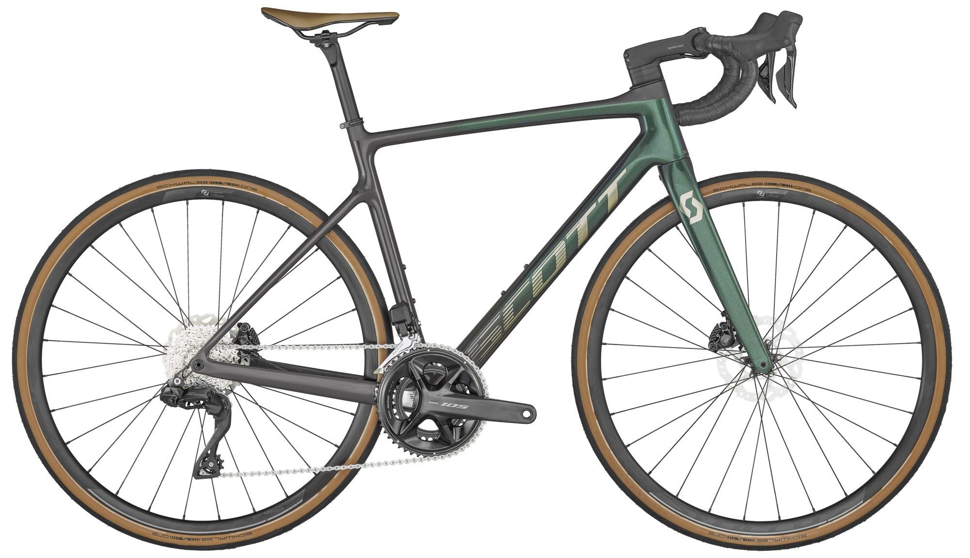 A SCOTT Addict 20 blue road bike with a carbon frame and disc brakes, featuring Shimano 105 Di2 components and Schwalbe ONE tires.