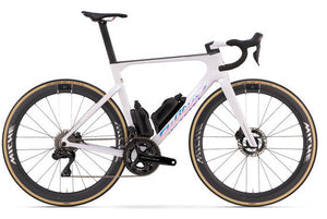 White bicycle with black components on a white background