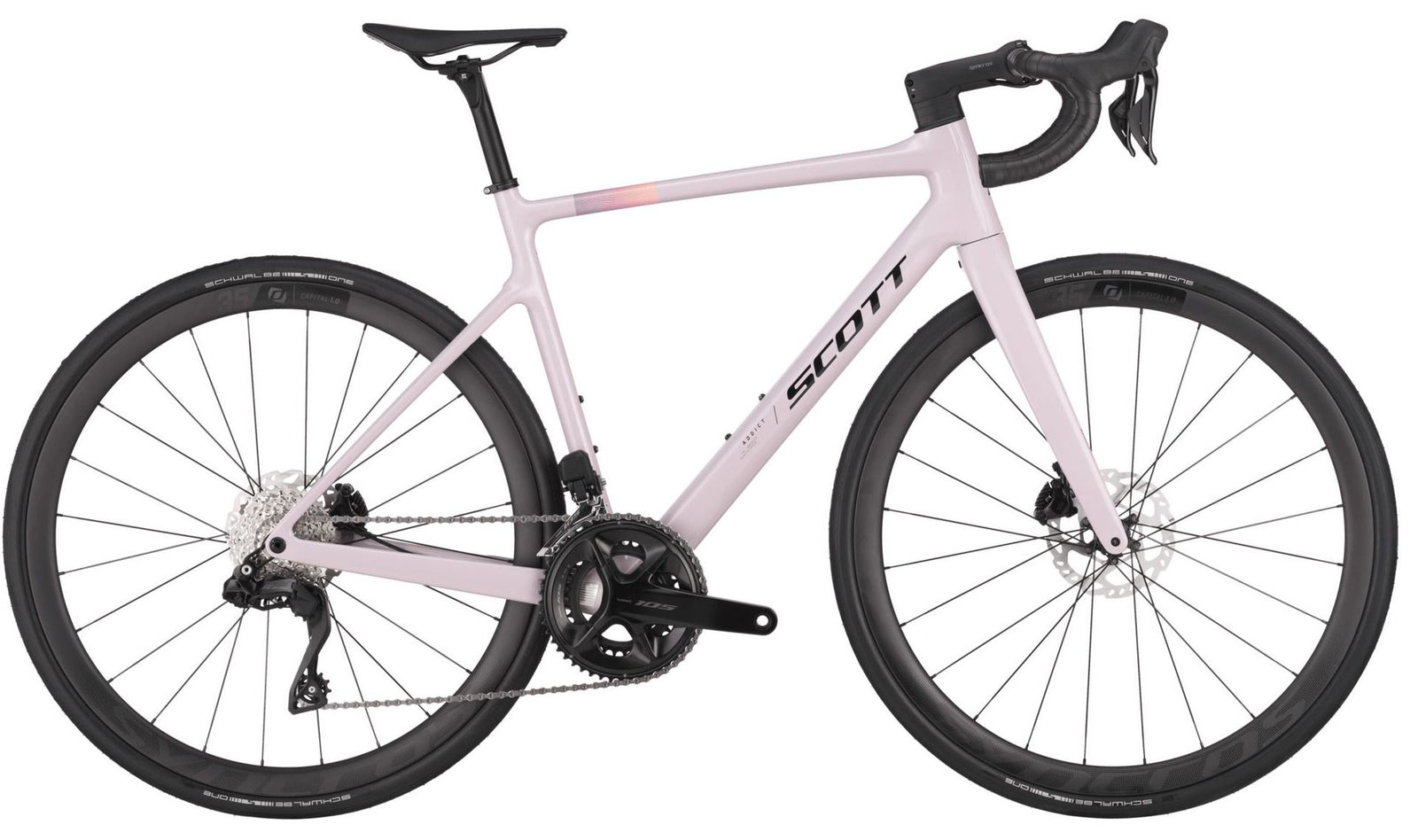 A pink SCOTT Addict 30 road bike for 2025 with carbon wheels and hydraulic disc brakes.
