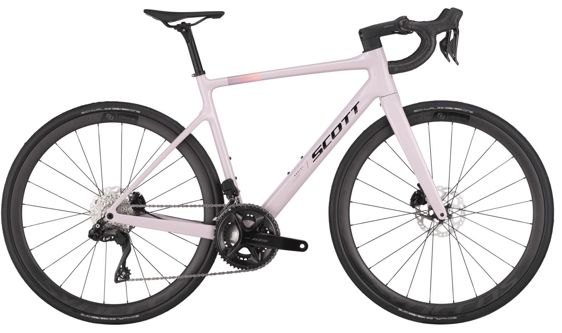 A pink SCOTT Addict 30 road bike for 2025 with carbon wheels and hydraulic disc brakes.