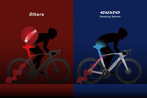 Comparison of a bicycle with 'Gusto Damping System' and 'Others' on a red and blue background.