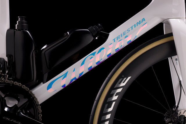 White bicycle with black components on a white background