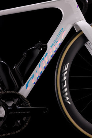 Close-up of a bicycle frame with 'Tristella' branding on a black background