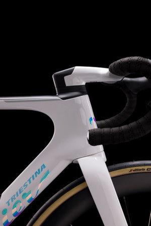 Close-up of a bicycle handlebar with 'Triestina' branding on a black background