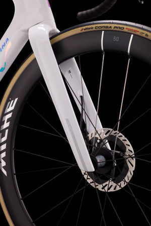 Close-up of a bicycle wheel with disc brake system