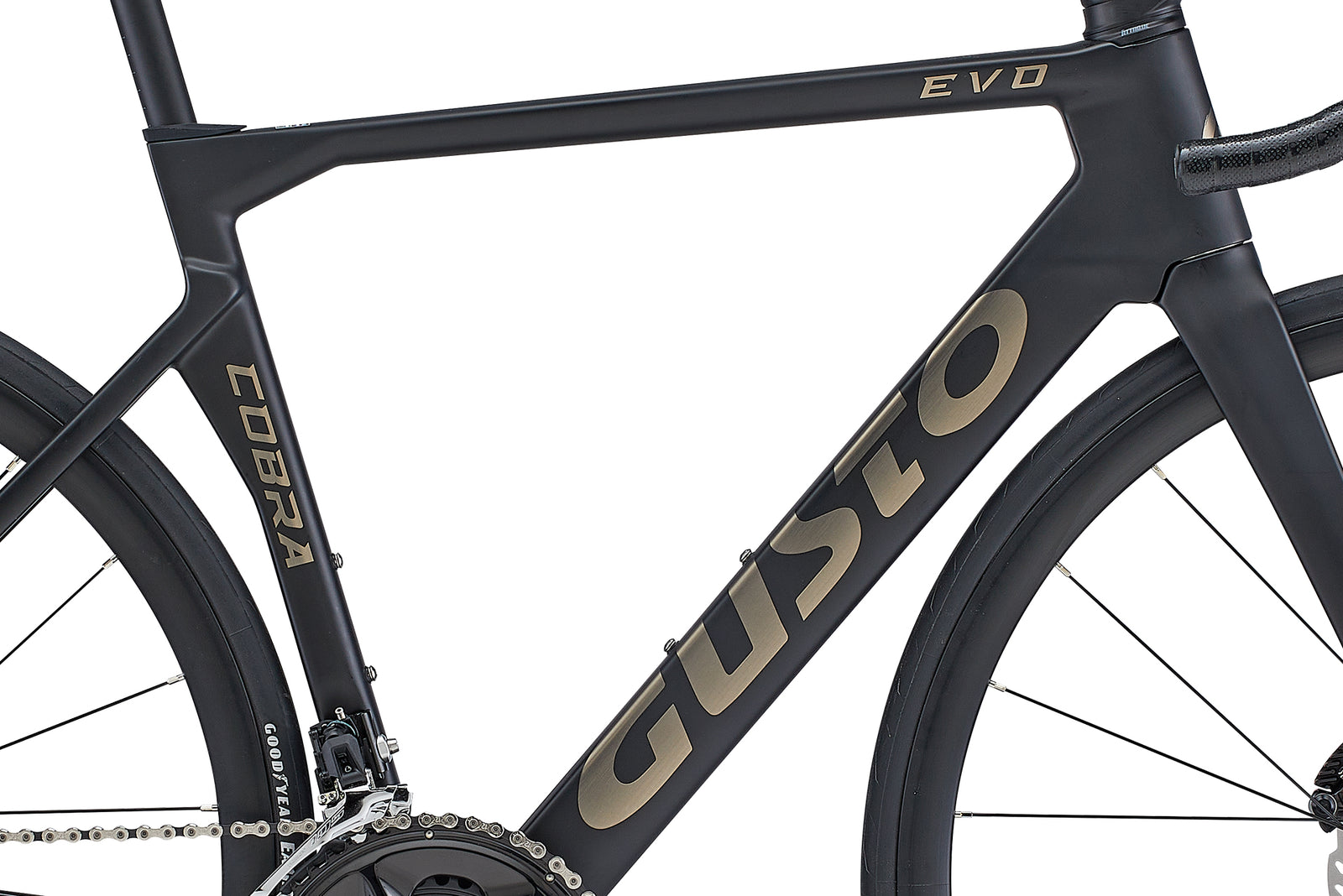 Close-up of a bicycle frame with 'Gusto' branding on a white background