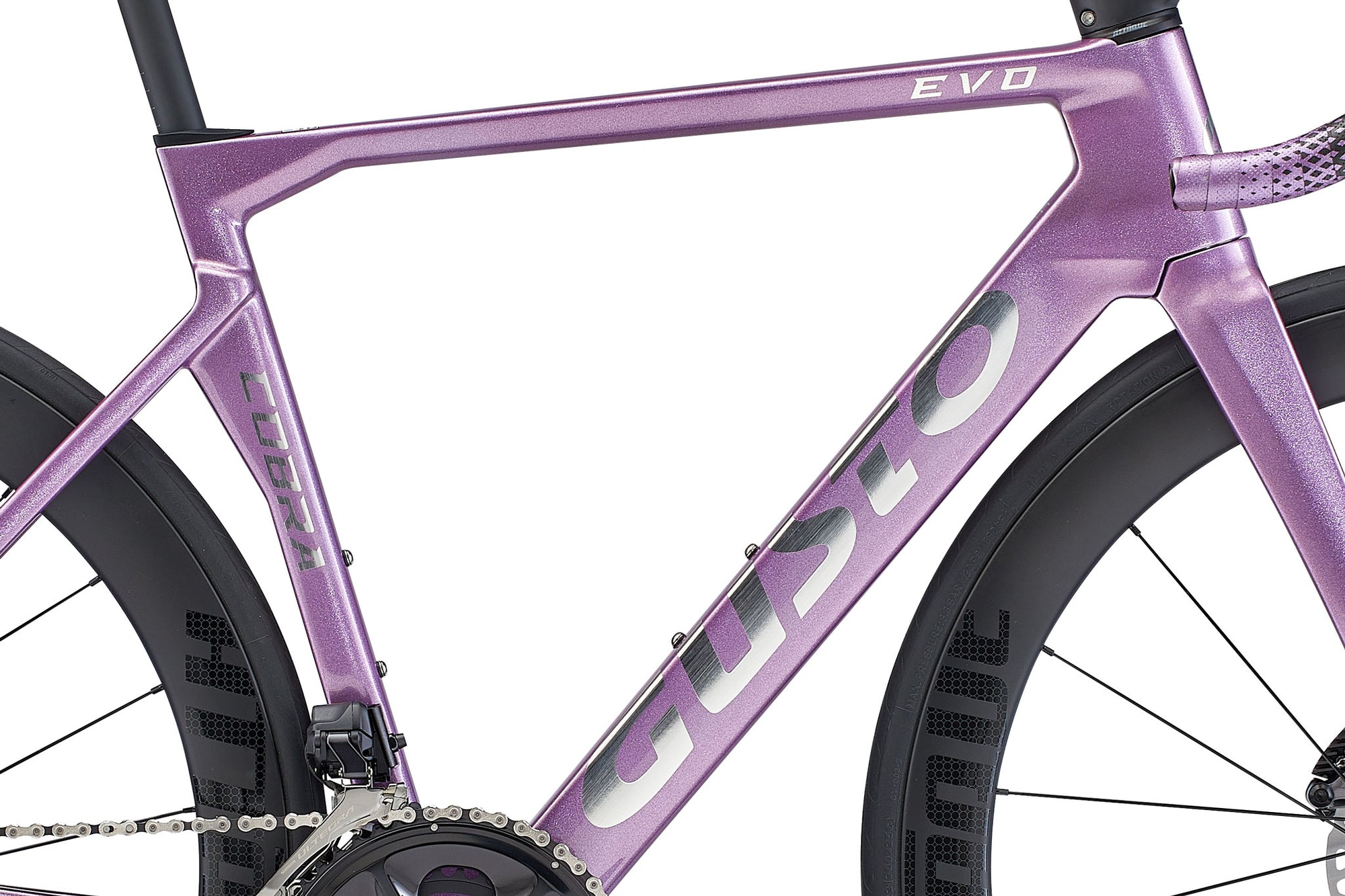 Close-up of a purple bicycle frame with 'Giro' branding on a white background