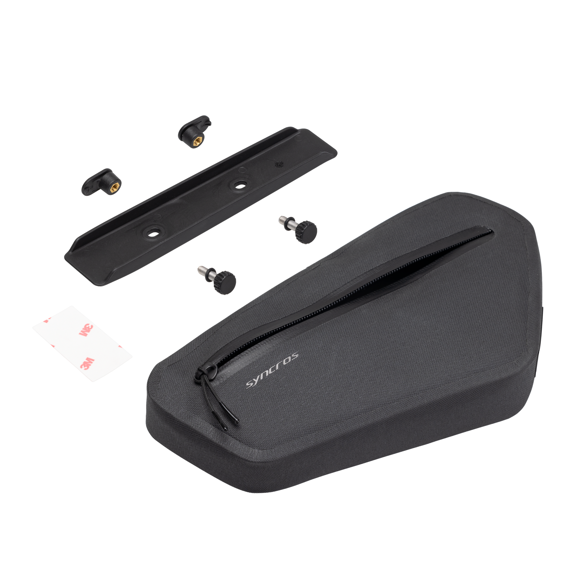 Black travel pouch with earbuds and a card on a white background