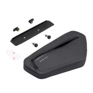 Black travel pouch with earbuds and a card on a white background