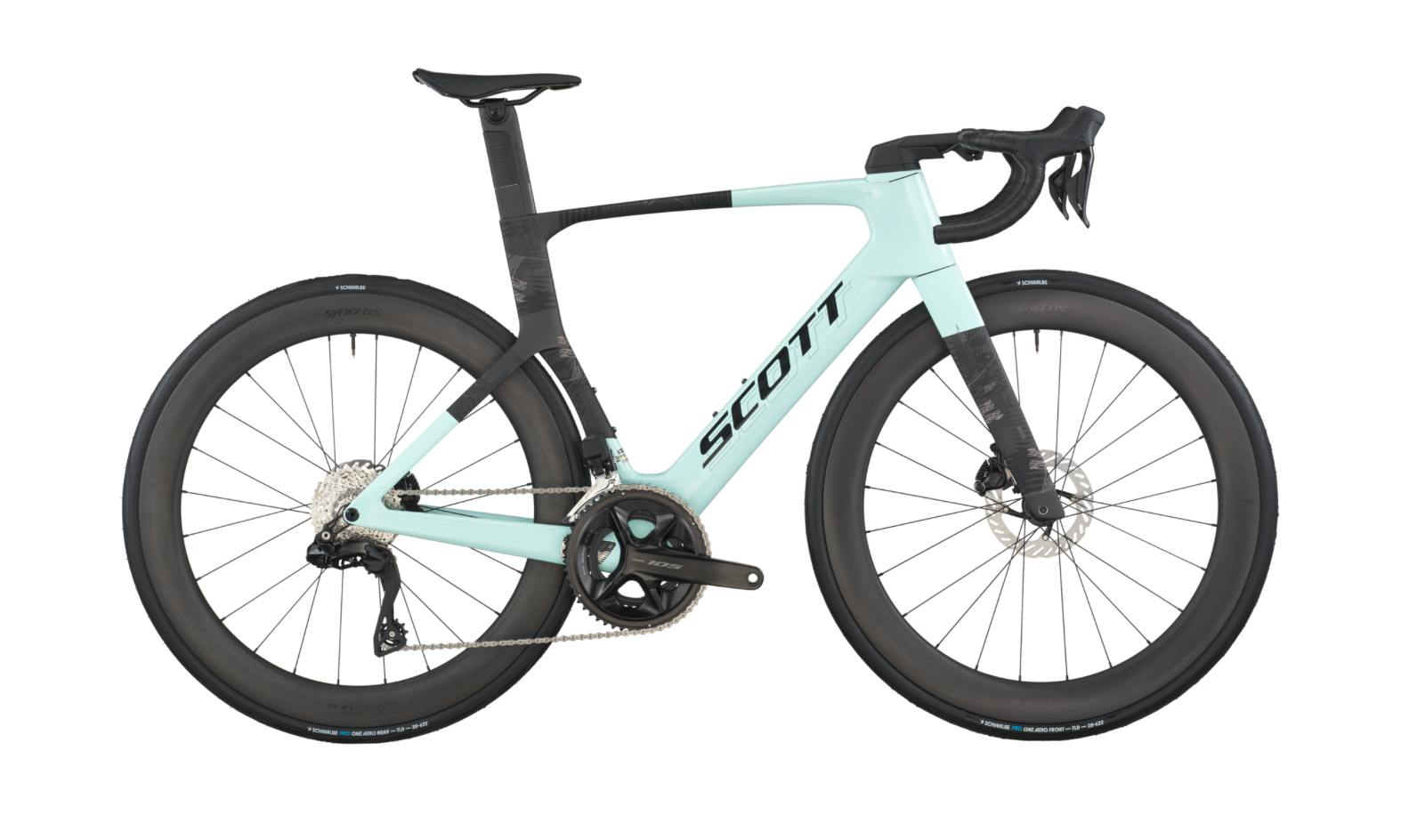 Light blue bicycle with black components on a white background