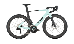 Light blue bicycle with black components on a white background