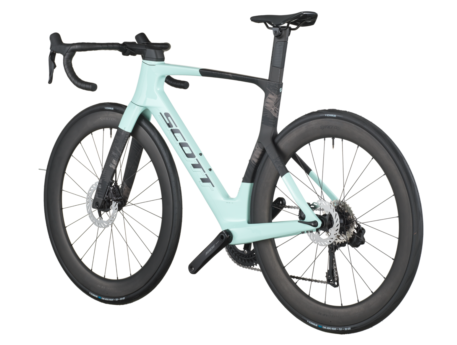 Light blue and black bicycle on a white background