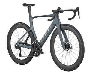 Gray bicycle with brand logo on a white background