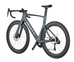 Gray bicycle with 'Scott' branding on a white background