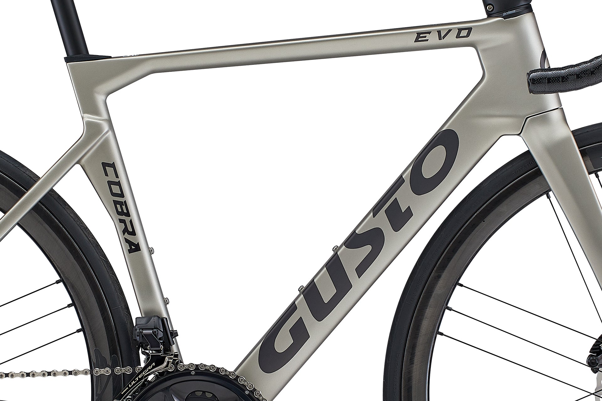Close-up of a bicycle frame with 'Cobra Gusto' branding on a white background