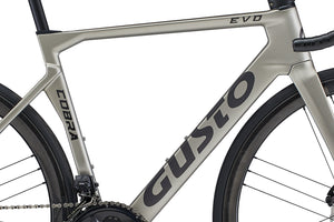 Close-up of a bicycle frame with 'Cobra Gusto' branding on a white background