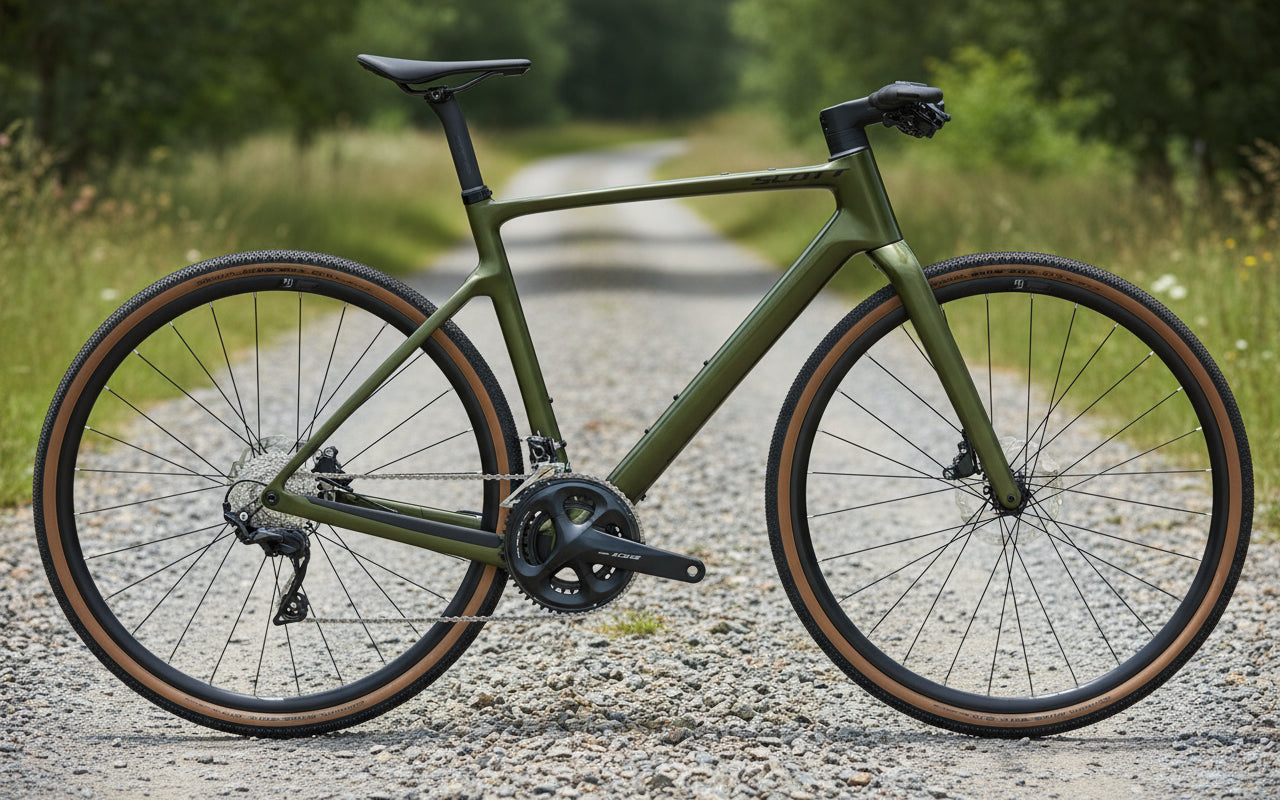 A green SCOTT Metrix 10 bike with a carbon frame, disc brakes, and a flat bar handlebar.